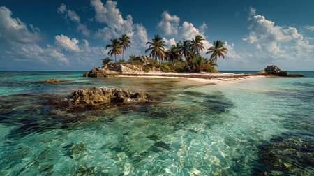 A photograph of Caribbean tropical islands 24 with tropical island bay, coral reef shallows, trade...