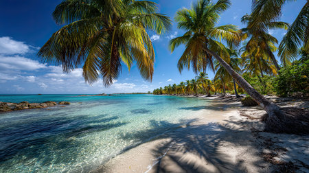 A photograph of Caribbean tropical islands 43 with tropical island bay, palm tree shadows, trade...
