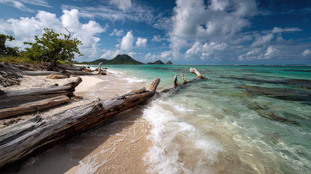 A photograph of Caribbean tropical islands 40 with white sand island beach, driftwood logs, wet...