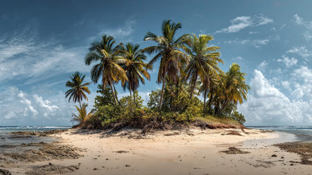 A photograph of Caribbean tropical islands 163 with island beach panorama, coconut palm trees, dry...