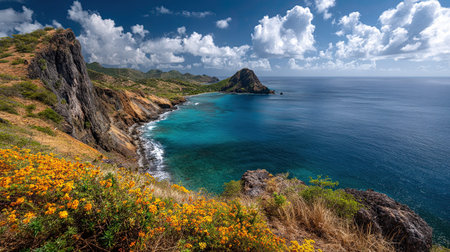 A photograph of Caribbean tropical islands 28 with caribbean island cliffs, wild island flowers, dry...
