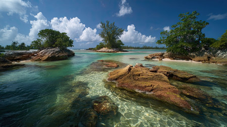 A photograph of Caribbean tropical islands 178 with island lagoon panorama, salt spray vegetation,...