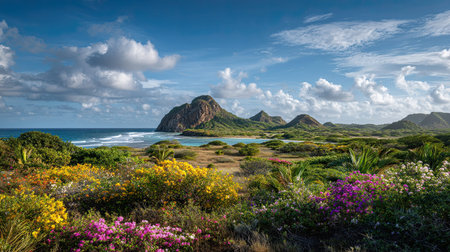 A photograph of Caribbean tropical islands 97 with tropical lagoon coast, wild island flowers, dry...