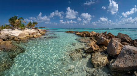 A photograph of Caribbean tropical islands 84 with island lagoon panorama, rocky reef stones, dry...