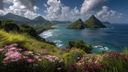 A photograph of Caribbean tropical islands 158 with caribbean island valley, wild coastal herbs, wet...