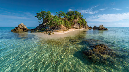 A photograph of Caribbean tropical islands 113 with tropical island peninsula, shoreline plants,...