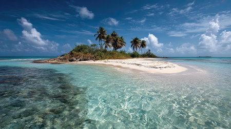 A photograph of Caribbean tropical islands 114 with white sand island beach, salt tolerant plants,...