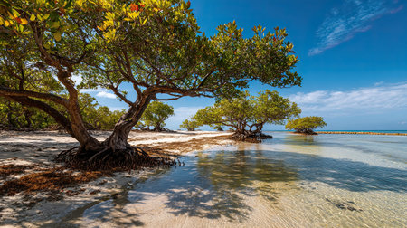 A photograph of Caribbean tropical islands with coral sand beach view, mangrove trees, ultra...