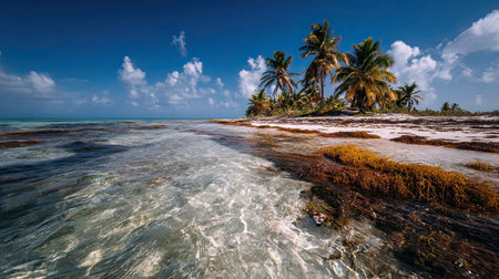 A photograph of Caribbean tropical islands 119 with tropical reef beach, seaweed clusters, trade...