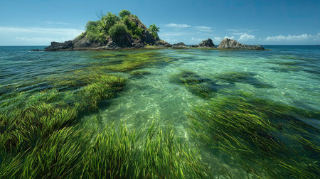 A photograph of Caribbean tropical islands 173 with island reef coastline, tropical sea grasses, wet...