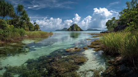 A photograph of Caribbean tropical islands 13 with island lagoon panorama, wild tropical ground...
