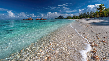 A photograph of Caribbean tropical islands 154 with island beach panorama, shell fragments, wet...
