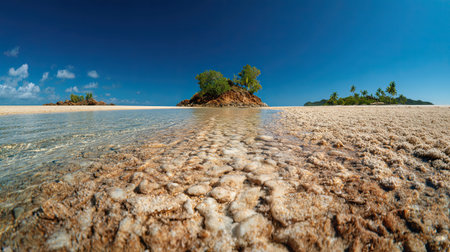A photograph of Caribbean tropical islands 140 with island beach panorama, coral sand grains, dry...