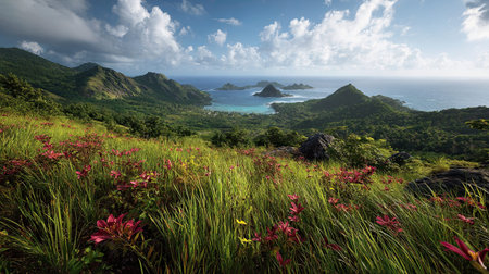 A photograph of Caribbean tropical islands 81 with tropical island horizon, wild island flowers, wet...