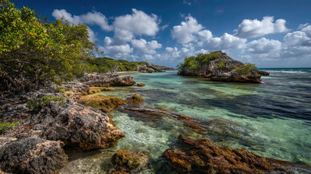 A photograph of Caribbean tropical islands 56 with tropical island coastline, salt tolerant plants,...