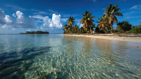 A photograph of Caribbean tropical islands 73 with tropical reef beach, palm tree shadows, wet...