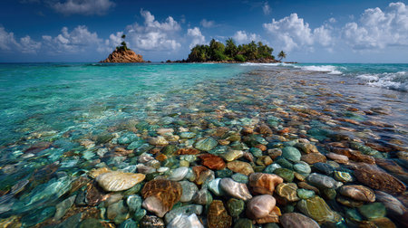 A photograph of Caribbean tropical islands 2 with turquoise caribbean lagoon, beach pebbles,...