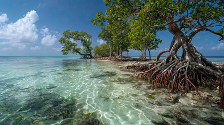 A photograph of Caribbean tropical islands 89 with island shoreline panorama, mangrove roots, wet...
