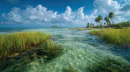 A photograph of Caribbean tropical islands 92 with tropical island bay, seagrass beds, hurricane...