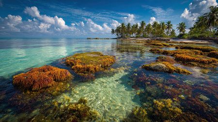 A photograph of Caribbean tropical islands 27 with island tropical panorama, seaweed clusters, trade...