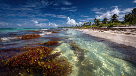 A photograph of Caribbean tropical islands 91 with island beach panorama, seaweed clusters, wet...