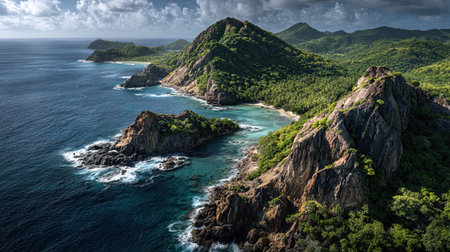 A photograph of Caribbean tropical islands 96 with caribbean island cliffs, coastal vines, wet...