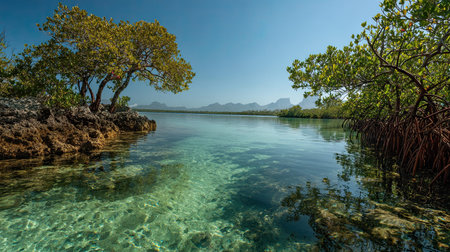 A photograph of Caribbean tropical islands 60 with caribbean coral island coast, mangrove roots, wet...