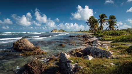 A photograph of Caribbean tropical islands with caribbean coral island coast, coastal shrubs, ultra...