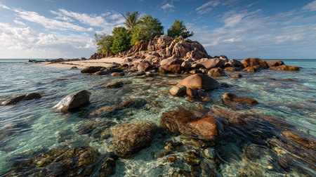 A photograph of tropical islands with island coastal ridge, rocky reef stones, ultra realistic...