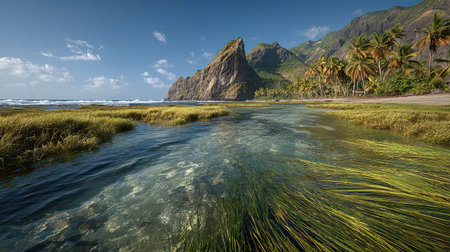 A photograph of Caribbean tropical islands 104 with caribbean island cliffs, seagrass beds, trade...