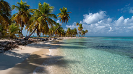 A photograph of Caribbean tropical islands 51 with palm beach landscape, palm tree shadows, hurricane season, ultra realistic landscape photography, wide angle lens, natural colors, clean composition, no peopleの写真素材