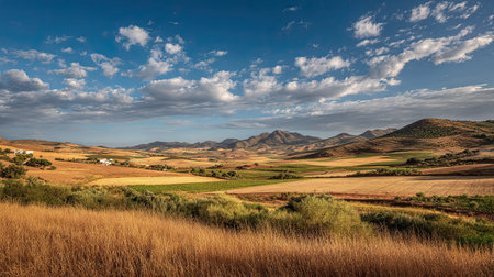 A photograph of Spain 57 with spanish vineyard hills, field grasses, spanish spring, ultra realistic...