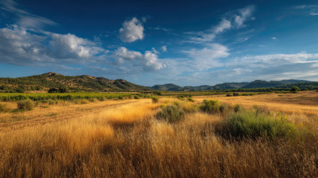 A photograph of a Catalonia vineyard panorama, field grasses, Spanish summer, ultra realistic landscape photography, wide angle lens, natural colors, clean composition, no peopleの写真素材