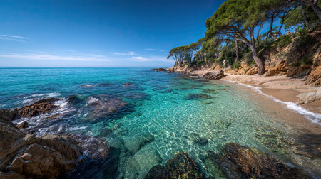 A photograph of a mediterranean beach with pine trees, spanish spring, ultra realistic landscape...
