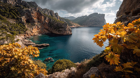 A photograph of mallorca coastal cliffs, leaves, winter, ultra realistic landscape photography, wide angle lens, natural colors, clean composition, no peopleの写真素材