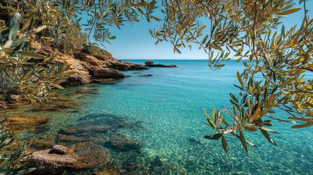 A photograph of Spain with ibiza turquoise coastline, olive branches, spanish autumn, ultra...