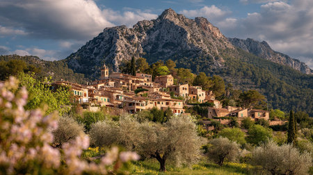 A photograph of Spain with mallorca mountain villages, olive branches, spring, ultra realistic...