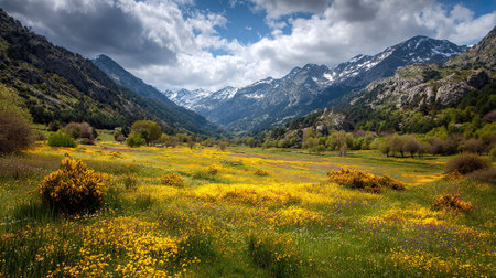 A photograph of Spain 7 with pyrenees ridge panorama, wild meadow flowers, spanish winter, ultra...