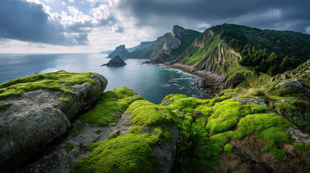 A photograph of Spain 70 with basque coast cliffs, coastal moss, spanish summer, ultra realistic...
