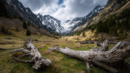 A photograph of Spain with pyrenees alpine valley, driftwood logs, spanish spring, ultra realistic...