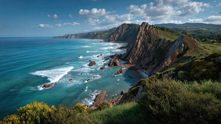 A photograph of Spain 89 with basque coast cliffs, mediterranean shrubs, spanish spring, ultra...