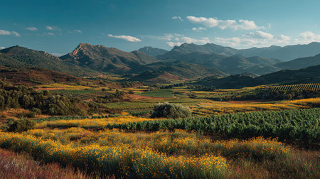 A photograph of Spain with spanish vineyard hills, wildflowers, ultra realistic landscape...