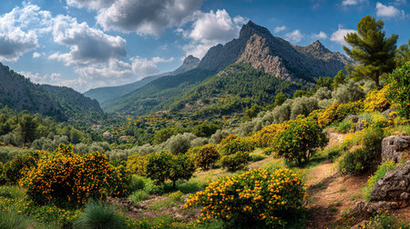 A photograph of Spain 91 with mallorca island panorama, orange trees, spanish spring, ultra...