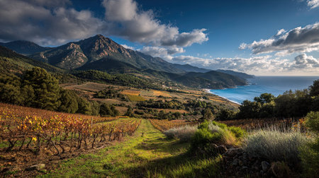 A photograph of a corsica mountain coast, grapevine vineyards, ultra realistic landscape photography, wide angle lens, natural colors, clean composition, no peopleの写真素材