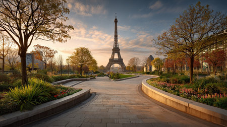 A photograph of France 27 with eiffel tower paris skyline, stone terraces, french spring, ultra...