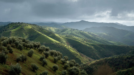 A photograph of Spain with basque green hills, olive trees, spanish winter, ultra realistic...