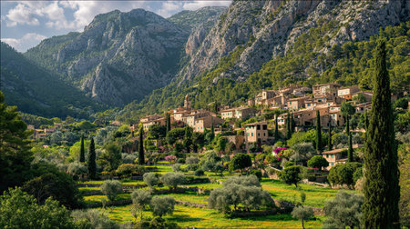 A photograph of Spain with mallorca mountain villages, cypress trees, spanish spring, ultra...