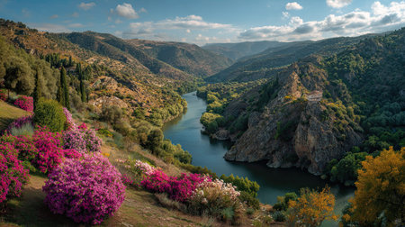A photograph of Spain 13 with toledo river valley, bougainvillea flowers, spanish autumn, ultra...