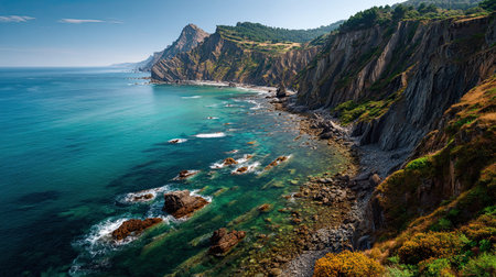 A photograph of Spain with basque coast cliffs, coastal moss, spanish summer, ultra realistic...