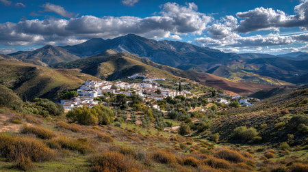 A photograph of an andalusian white village in the hills, with wild coastal plants, captured in the...
